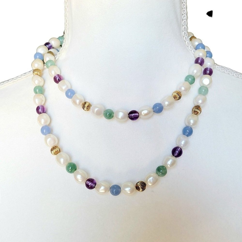 Vintage Long Faux Pearl Necklace 36" Multicolor Lucite Gold Tone Melon Bead EUC